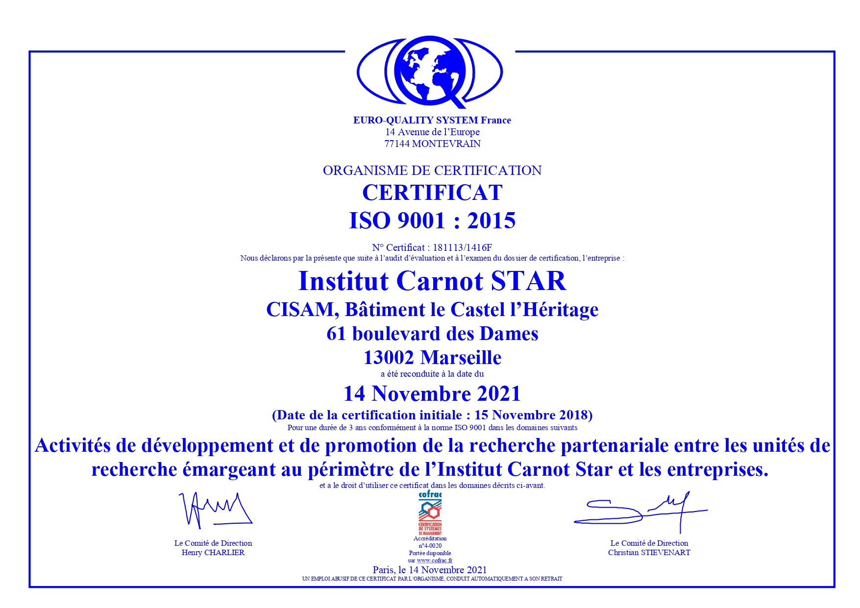 Certificat qualité ISO 9001